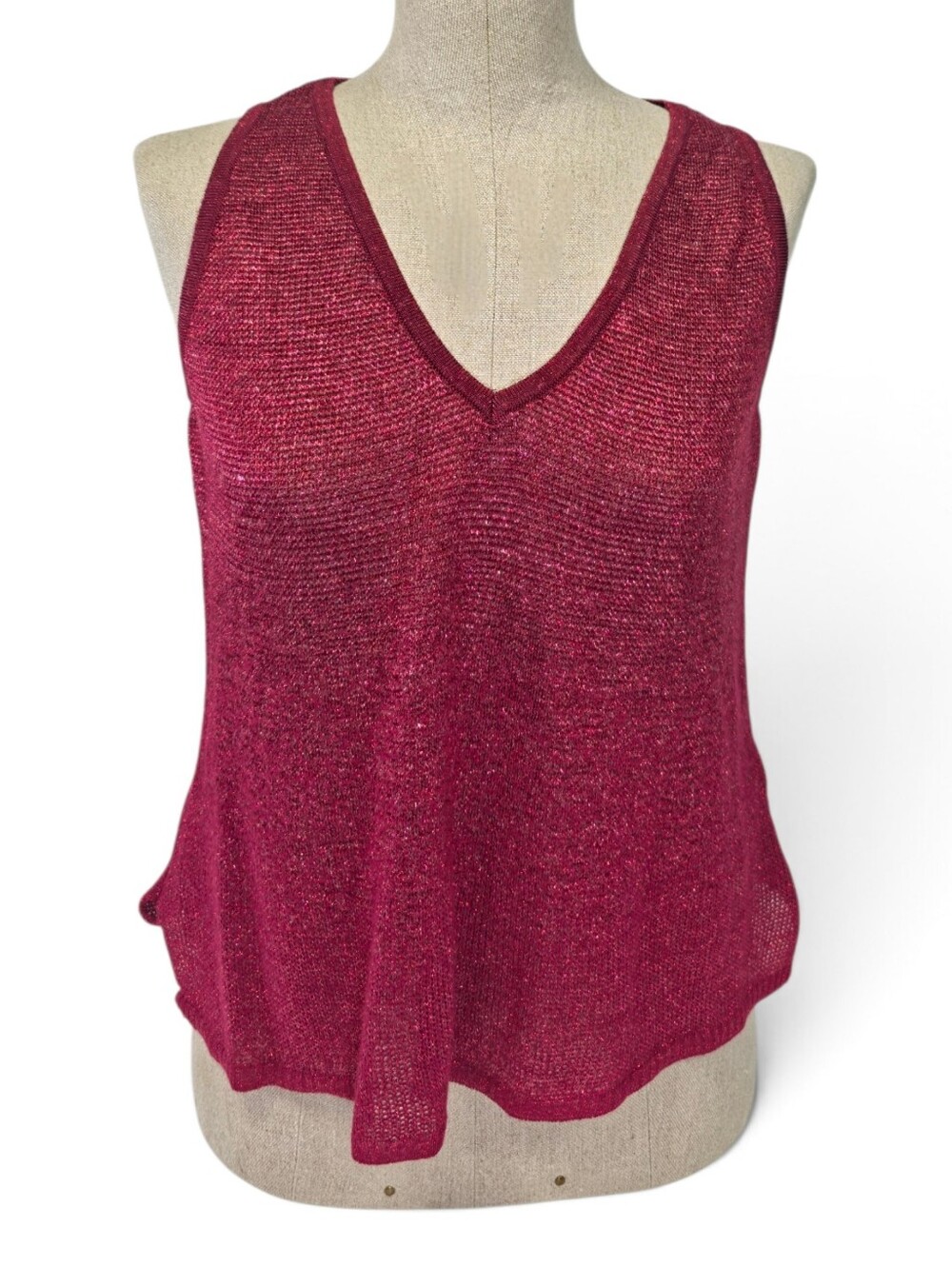 Maria Pavan Metallic Knit Tank Top M Burgundy Lurex V Neck